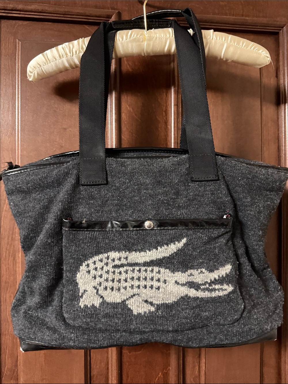 Lacoste Charcoal Knit Duffel Tote with Ivory Crocodile Logo